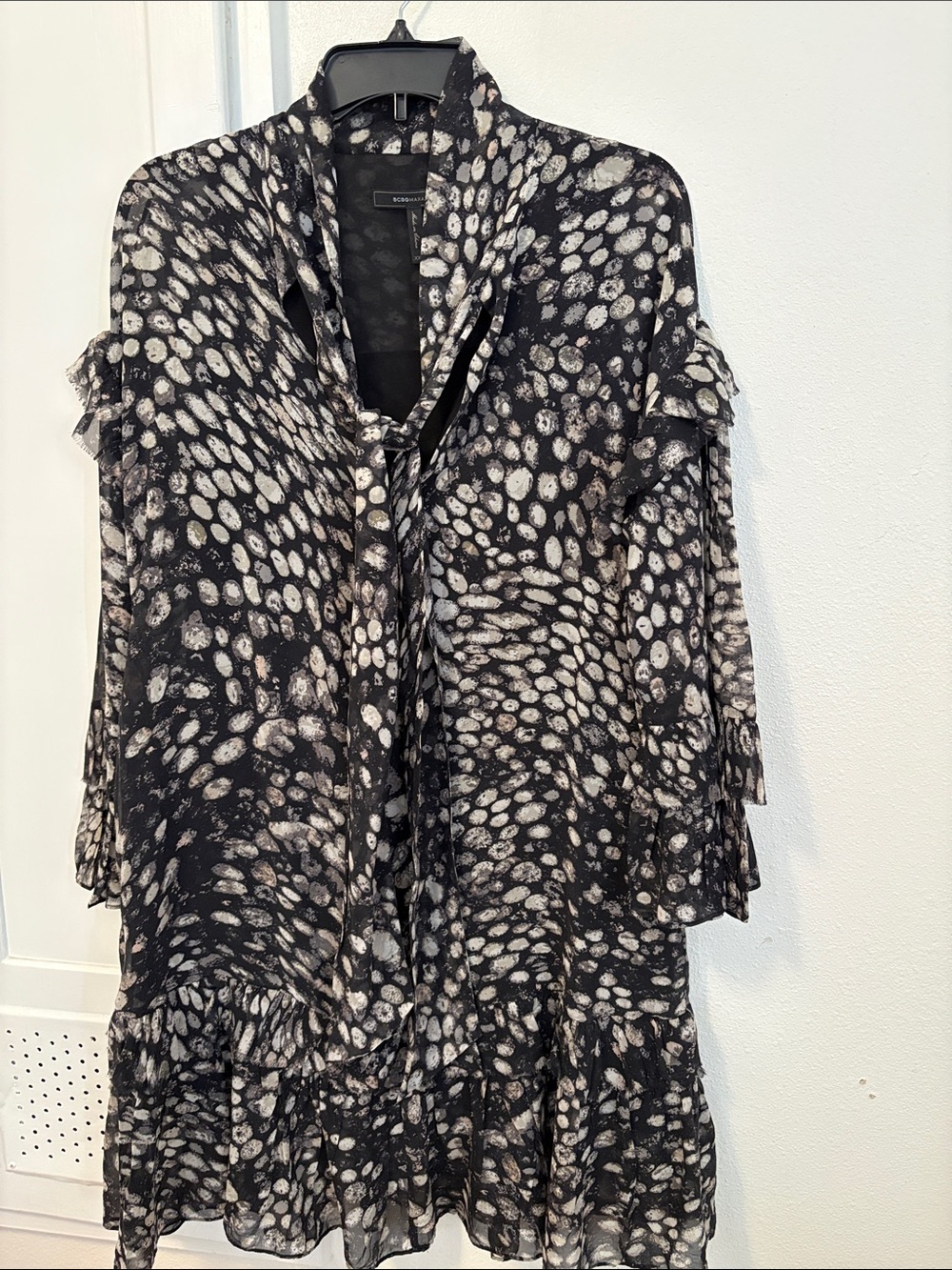 BCBGMaxAzria Black & White Dot-Print Ruffle Long Sleeve Dress